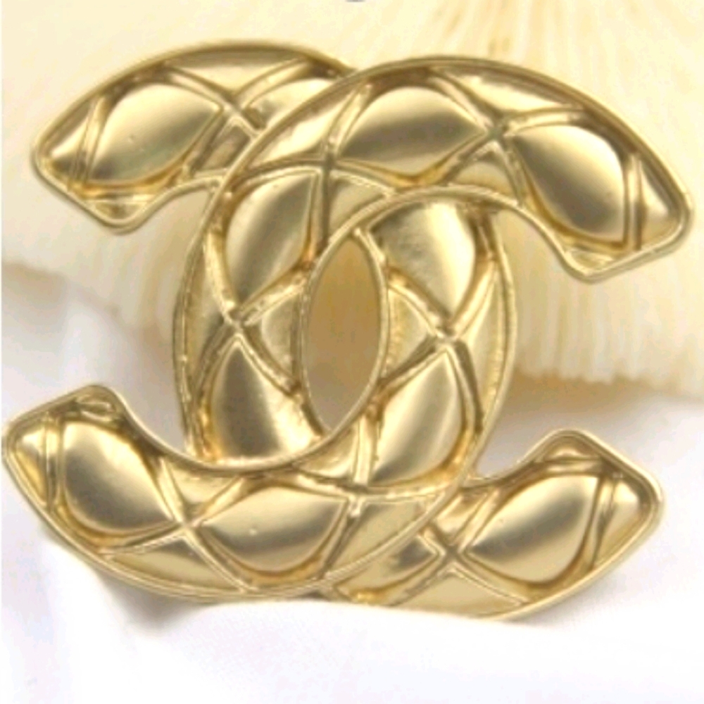 Qulited Gold Tone Logo Brooch